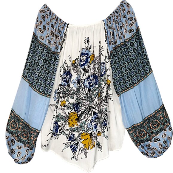 Free People Positano Printed Blouse Ivory Multi XS Boho Patchwork Balloon Sleeve - Picture 6 of 9